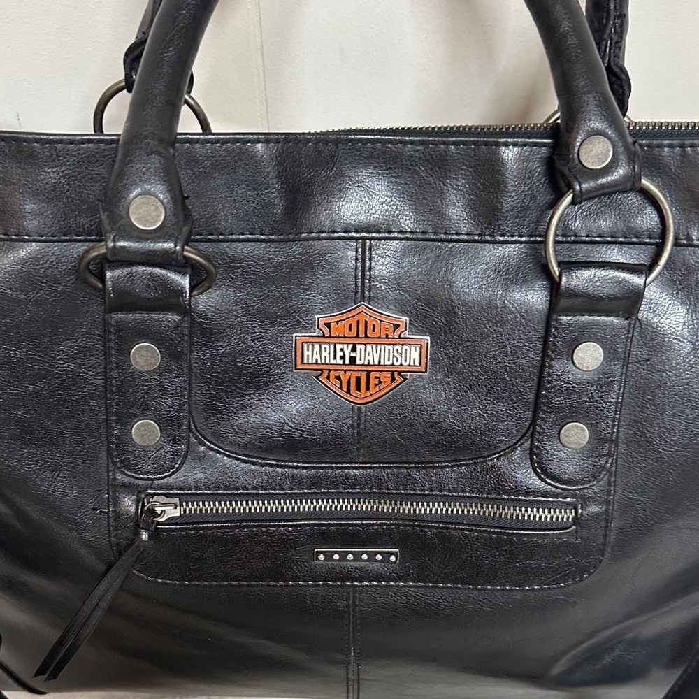 Harley-Davidson-Victoria Secret Black Leather Duffel/Tote Bag - Picture 2 of 16